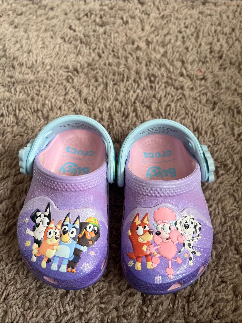 CROCS Kids Purple Glitter Clogs with Blue Strap and Character Art